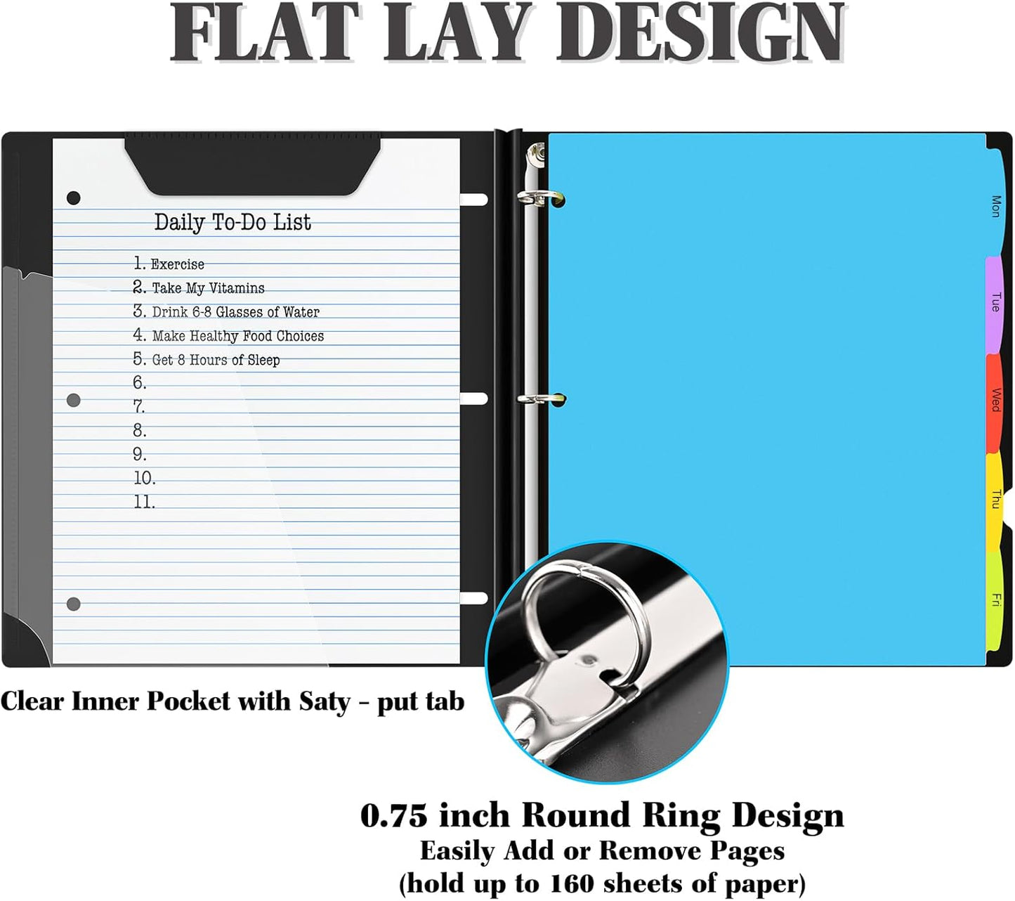 INFUN Telescoping 3 Ring Binder -1PCS-Black, Flexible Round Binder with Customizable Front Cover and Clear Catalog Pocket, 0.75 Inch Rings, Holds 160 Sheets 8.5x11 inch Paper