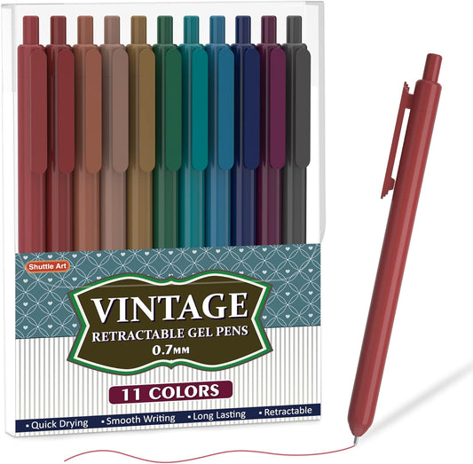 Shuttle Art Colored Retractable Gel Pens, 11 Unique Dark Vintage Ink Colors, Cute Pens 0.7mm Medium Point Quick Drying for Writing Drawing Journaling Note Taking School Office Home