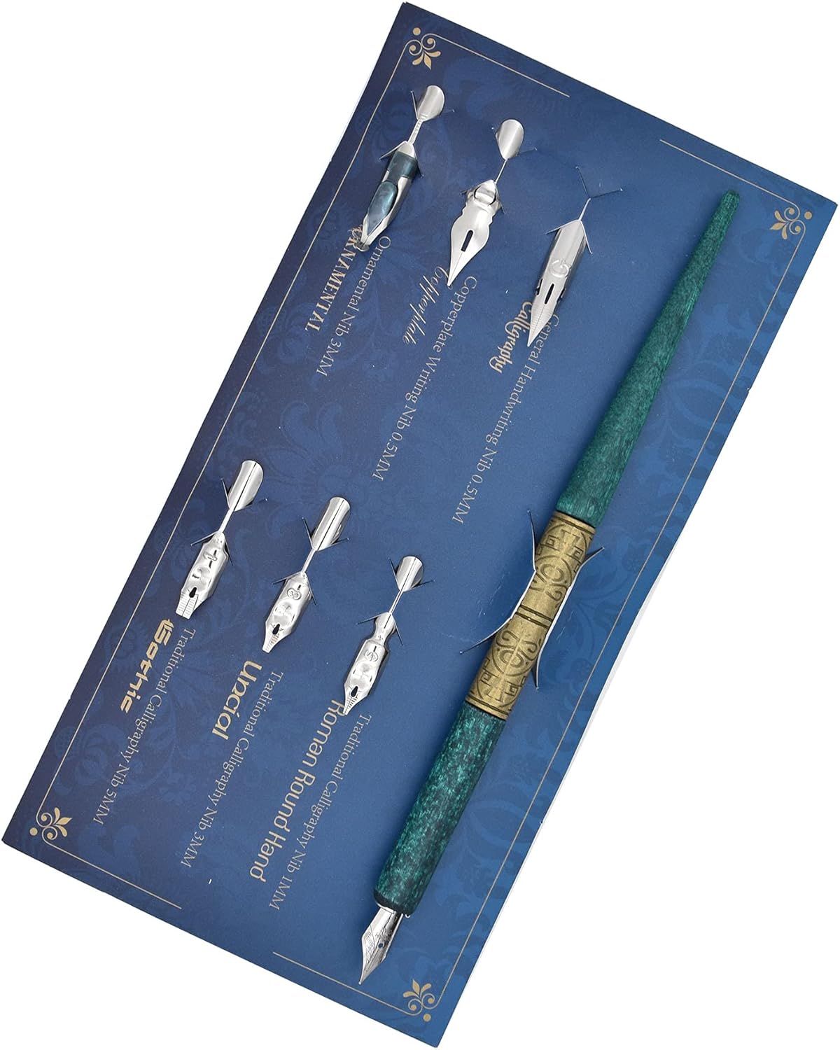 Gullor Wooden Dip Pen Calligraphy Set with Black Ink & 6 Nibs for Beginners, Kids, Writing, Signatures and Drawing, Ancient Cyan