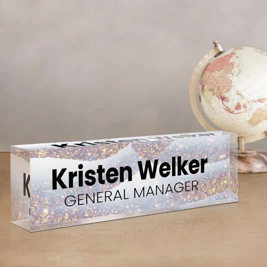 Gowellly Desk Name Plate Personalized - Custom Acrylic Name Plate for Desk - Enterprise Custom Logo/Text nameplates - Employee Appreciation Gifts (Sequins-1)