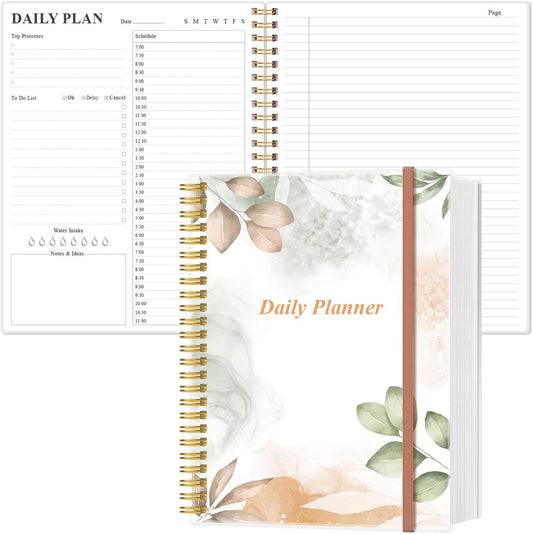 Daily Planner Undated - 8.5" x 11" To Do List Notebook Hourly Schedules, 150 Sheets/300 Pages Spiral Appointment Planner for Women and Men,PVC Hardcover, Inner Pocket, Elastic Closure, Rose Leaf