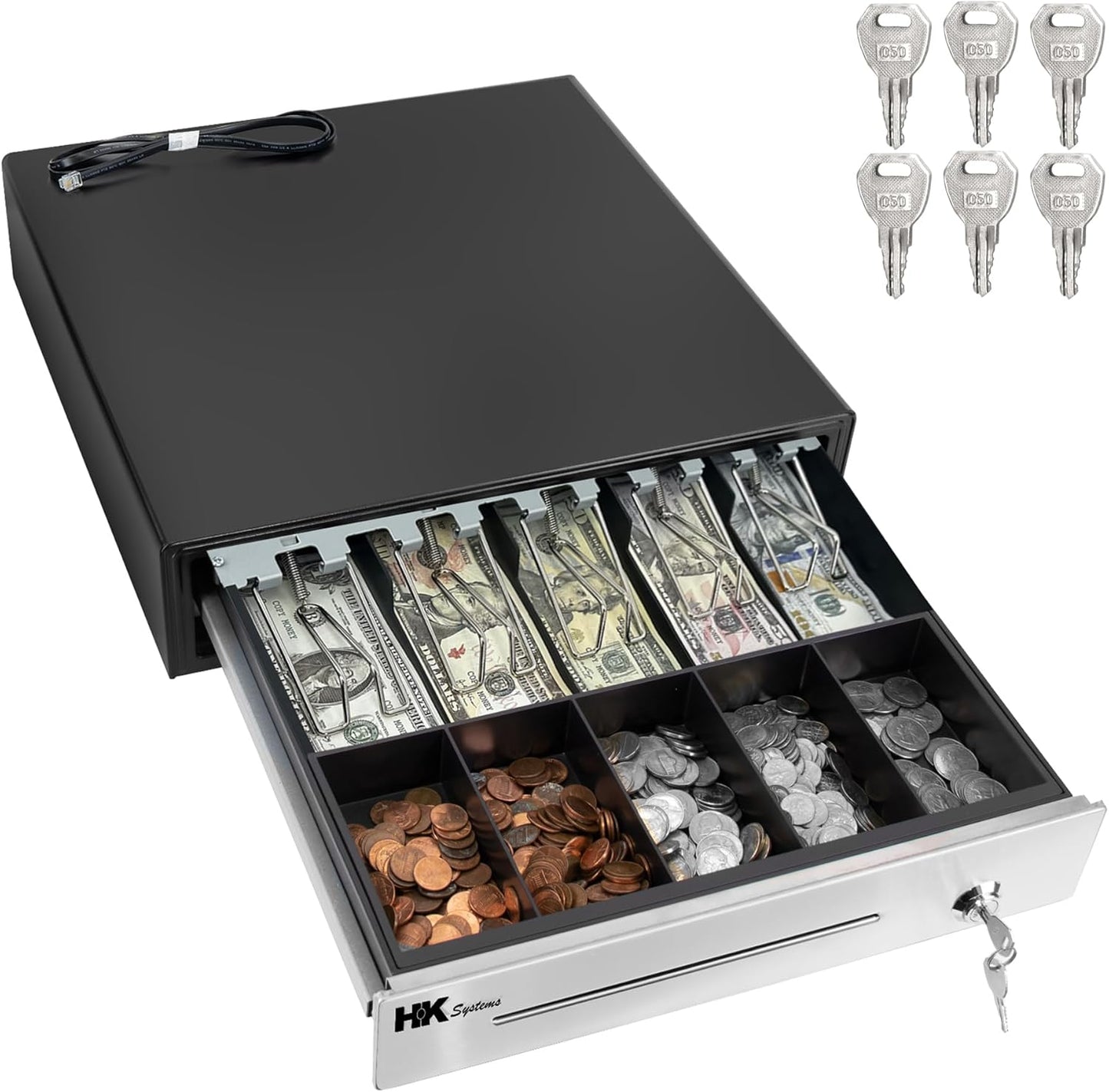 HK SYSTEMS 16" POS Cash Drawer Stainless Steel Front, Ball bearing slide, Heavy Duty POS with Removable Tray 5Bill/5Coin