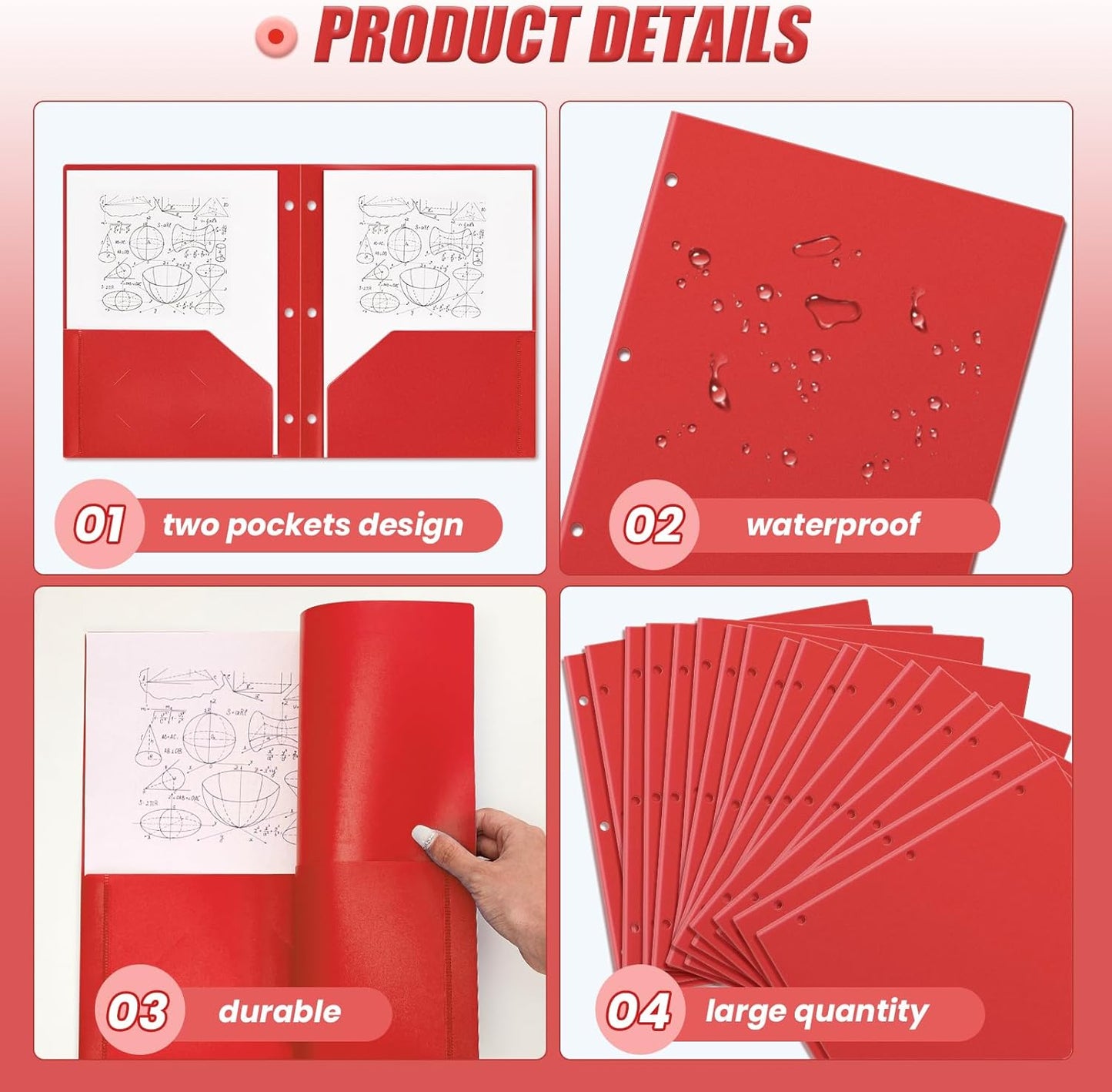 Yeaqee 50 Pcs Plastic Folders with Pockets Bulk 3 Hole Punched 2 Pocket File Folders for 3 Ring Binder Divider Folder for Notebooks, Durable Poly for Office Home (Red)