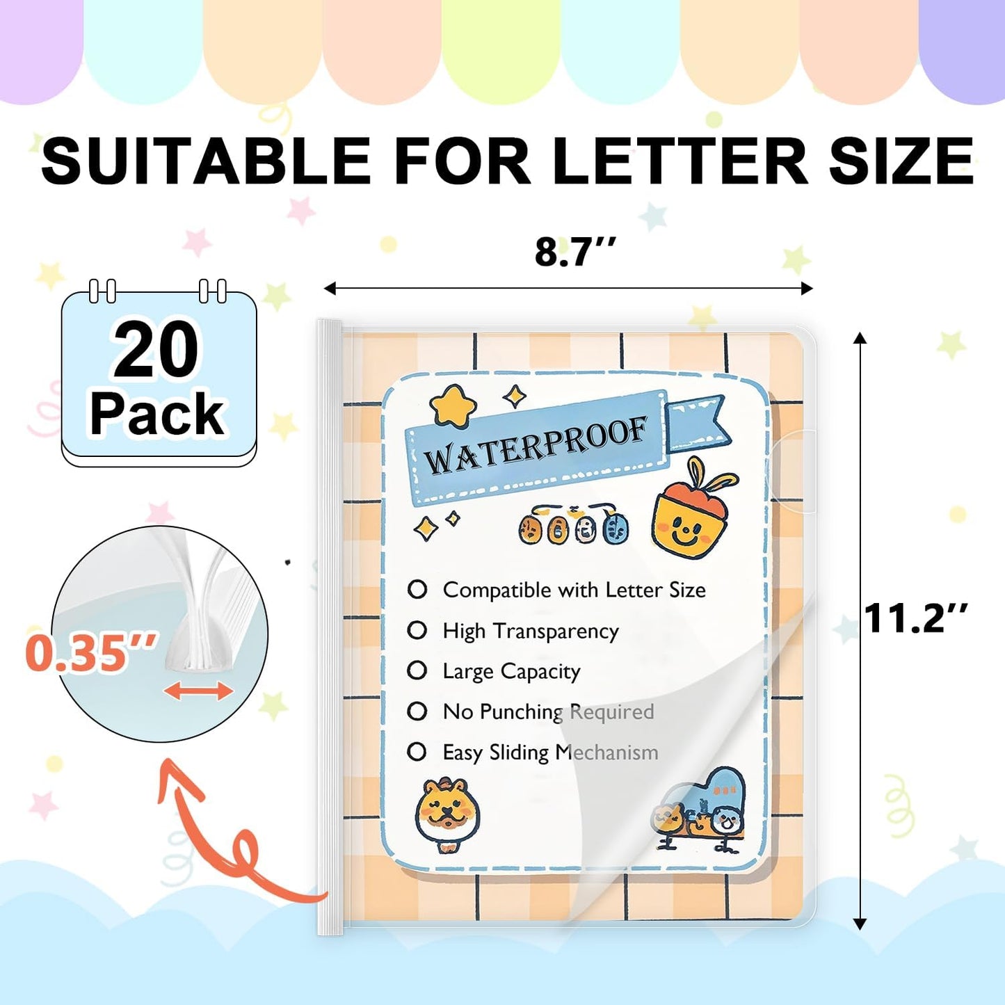 TOTiyea 20 Pack Clear Report Covers with Sliding Bars, 9mm (70 Sheet Capacity) White Sliding Bar File Folders, for Letter Size