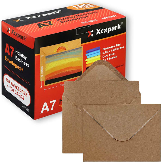 100 Qty 5.25 x 7.25 inches Printable A7 Invitation Envelopes & 100 Qty Flat Cards, Self Seal 120GSM Brown Kraft Paper Envelopes for Invitations, Papers, Photos, Documents, Wedding
