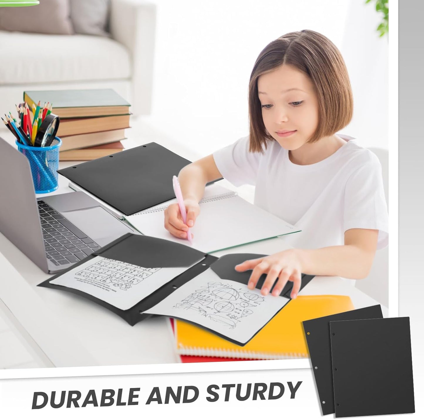 Yeaqee 100 Pcs Plastic Folders with Pockets Bulk 3 Hole Punched 2 Pocket File Folders for 3 Ring Binder Divider Folder for Notebooks, Durable Poly for Office Home (Black)