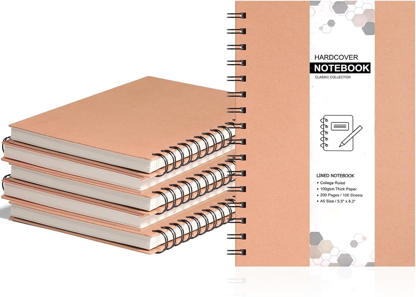 6 Pack Spiral Notebooks 5.83"x8.27", 200 Pages A5 Spiral Notebook Journal, with Kraft Hard Cover, Ruled Lined Paper, for Work, School, College Students, Gifts