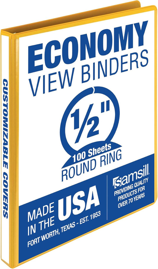 Samsill 0.5 Inch 3 Ring Binder, Made in USA, Economy Round Ring, Clear View Cover, 100 Sheet Capacity - for School, Home, Office - Lemon Yellow