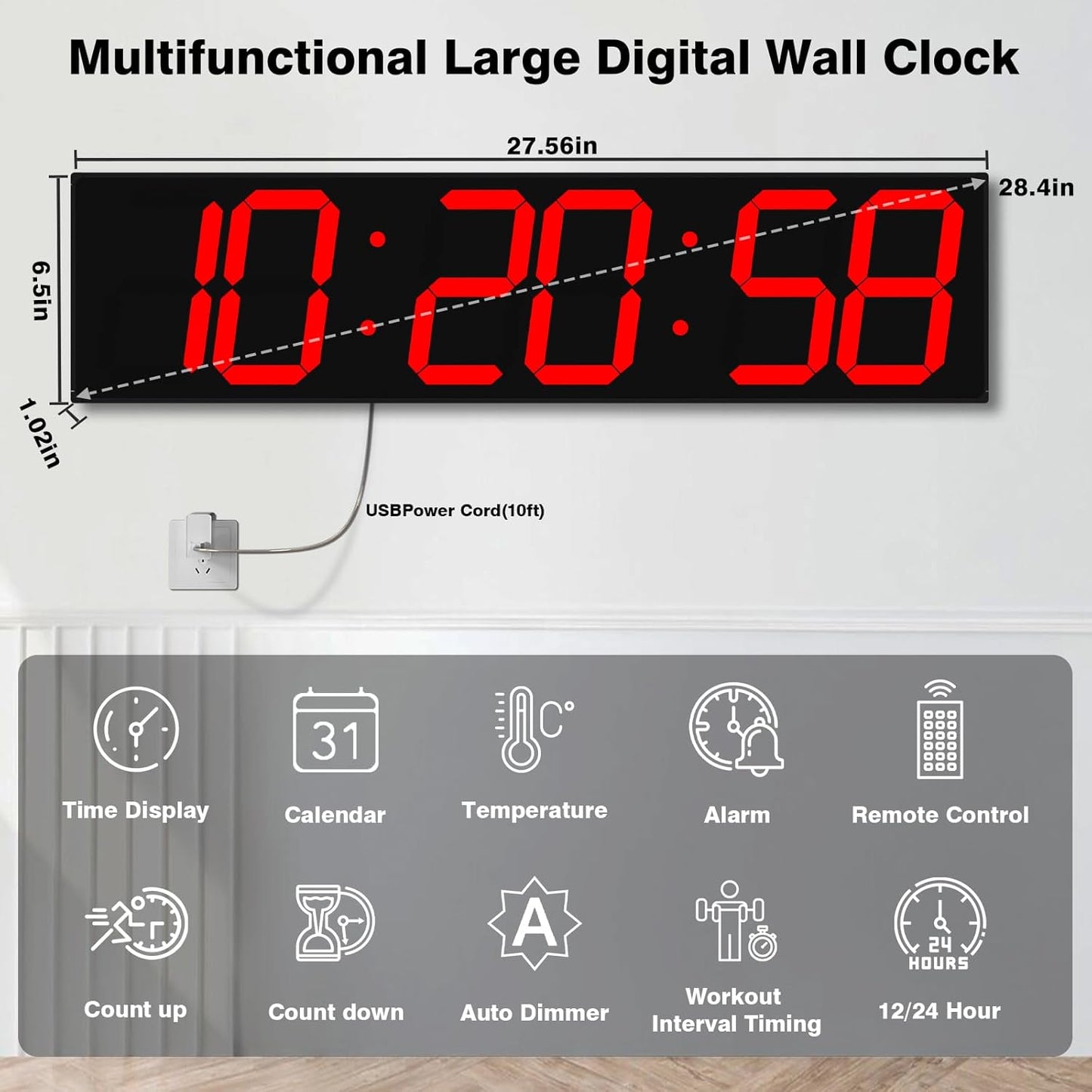 Digital Wall Clock with Large Display, 28.4‘’LED 6-Digit Large Clock with Adjustable Brightness, Multifunction Gym Clock with Countdown,Stopwatch and Workout Interval Timing (Red)