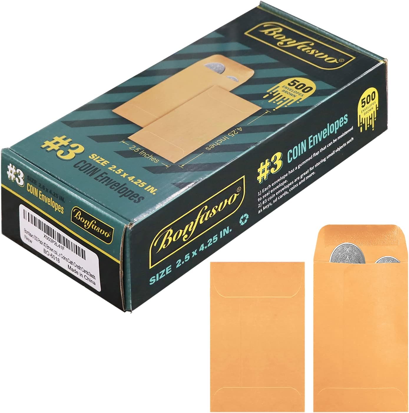 500 Pack #3 Brown coin envelope 2.5 x 4.25 inches Kraft Envelopes Classic Small Parts Envelopes with Self Adhesive Gummed Flap for Coins Cash Credit Cards Seeds