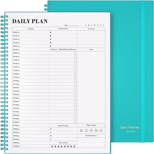 Planner Undated, Asten Daily Planner Agenda with to Do List, Hourly Schedules for Women and Men, Spiral Appointment Book with Elastic Closure, Inner Pocket 8.5" x 11" (Blue)