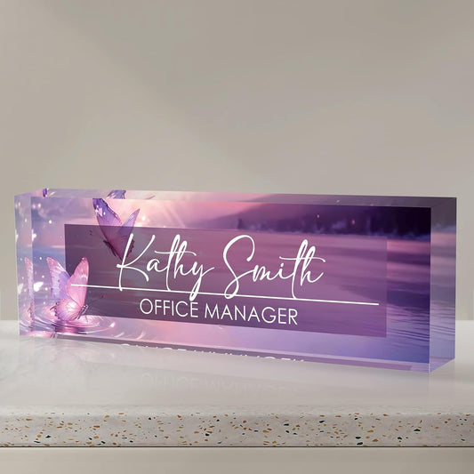 Personalized Name Plate for Desk, Custom Desk Name Plate, Acrylic Name Plate Office Desk Accessories, Personalized Office Gifts for Coworkers Teachers, Employee Appreciation Gifts (Pink Butterfly)