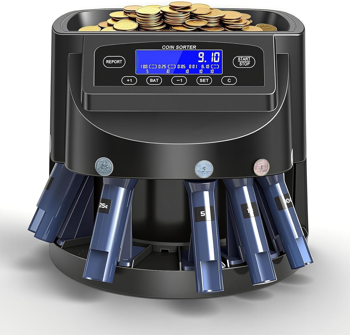 Coin Counter and USD Coin Sorter with LCD Display, 300-Coin Capacity, Automatic Change Counter for 1￠ 5￠ 10￠ 25￠ $1, 270 Coins/min,Coin Sorter and Wrapper Machine for Fast & Accurate Sorting