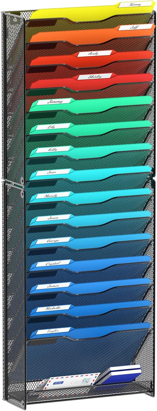 samstar 16 Tier Wall File Organizer Hanging Wall File Holder Wall Mount Paper Folder Organizer, Magazine Rack, Mesh Made,Black