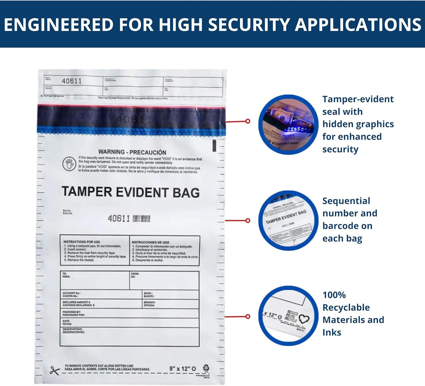 9”x12" Opaque Plastic Deposit Bags with Security Tape Tamper Evident - Secure Bank Deposits, Cash Handling, & Currency Transport | Self-Sealing Tape with Hidden Graphics | 100-Pack