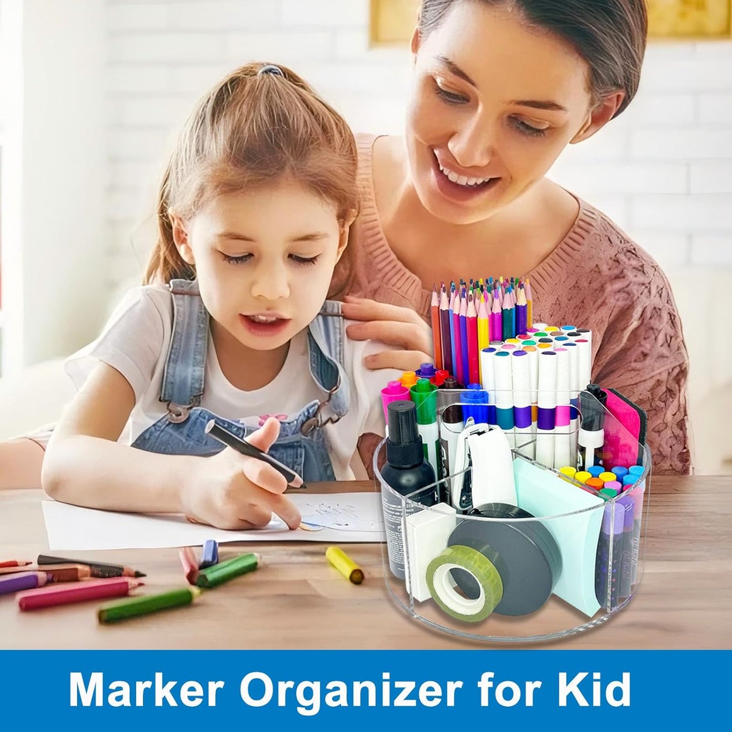 Acrylic Rotating Pen Holder for Desk, 360 Degree Clear Pencil Holder Crayon Organizers for Kids, 6 Compartments Marker Organizer for Office, Art Supply Storage Organizer for School Home