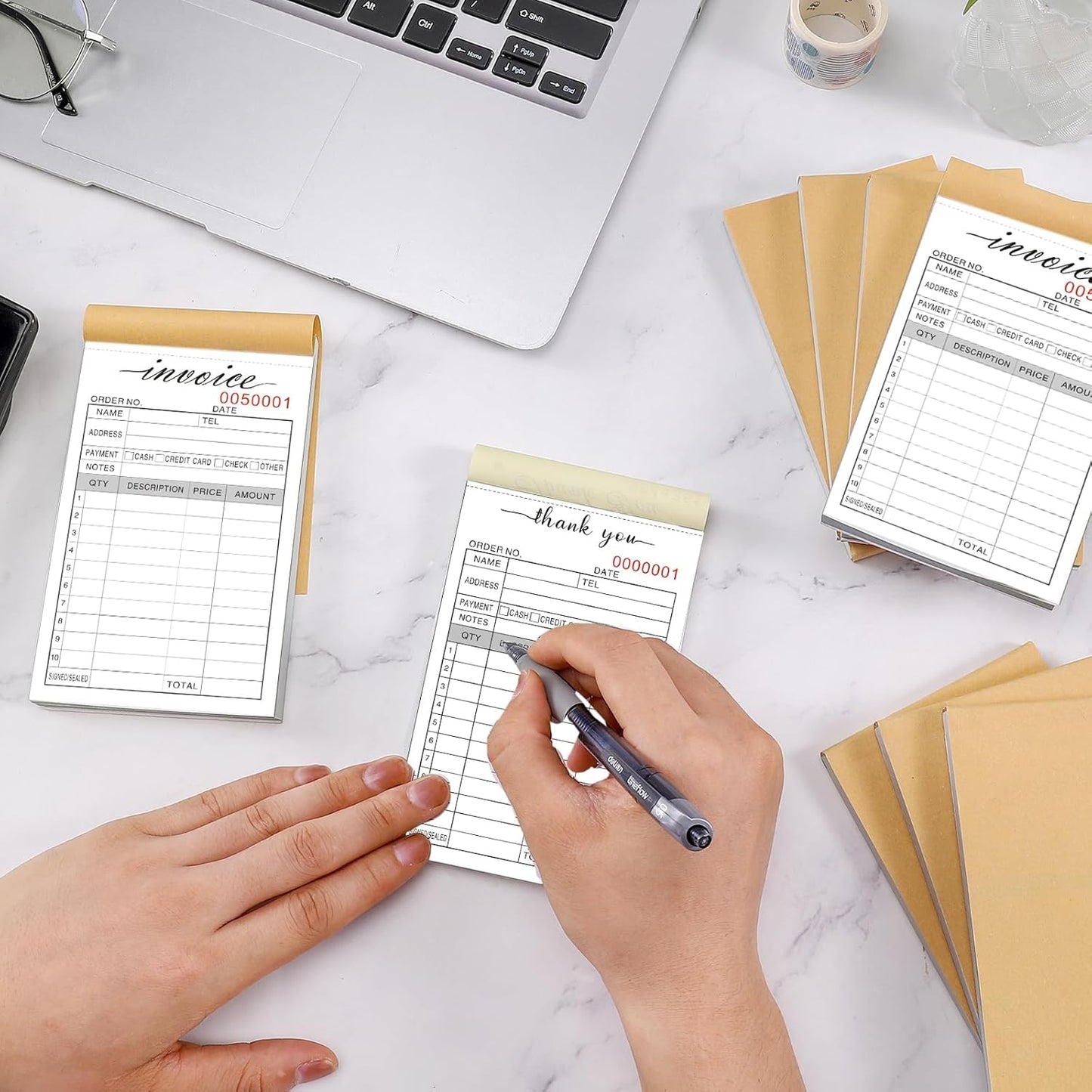 6 Pack Thank You Receipt Book, 3.4x5.5" Handheld 2-Part Carbonless Sales Invoice Book, Invoice Pad with Cardboard for Small Boutique Business, (50 Sets)