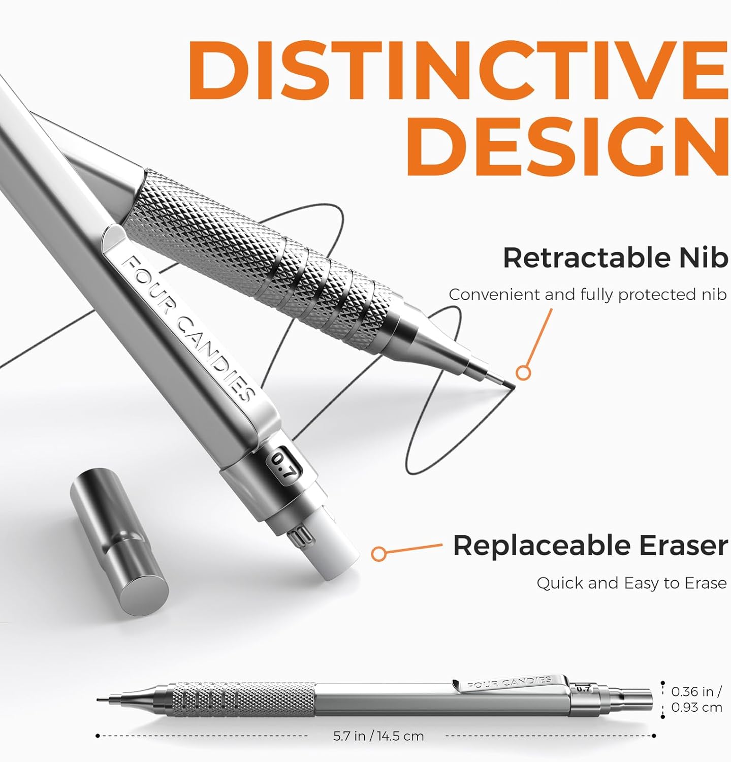 Four Candies 2PCS Metal Mechanical Pencils Set with Case, 0.5mm & 0.7 mm Artist Pencil with 6 Tubes (360PCS) HB Lead Refills, 3 Erasers,9 Eraser Refills For Writing Drafting, Drawing, Silver