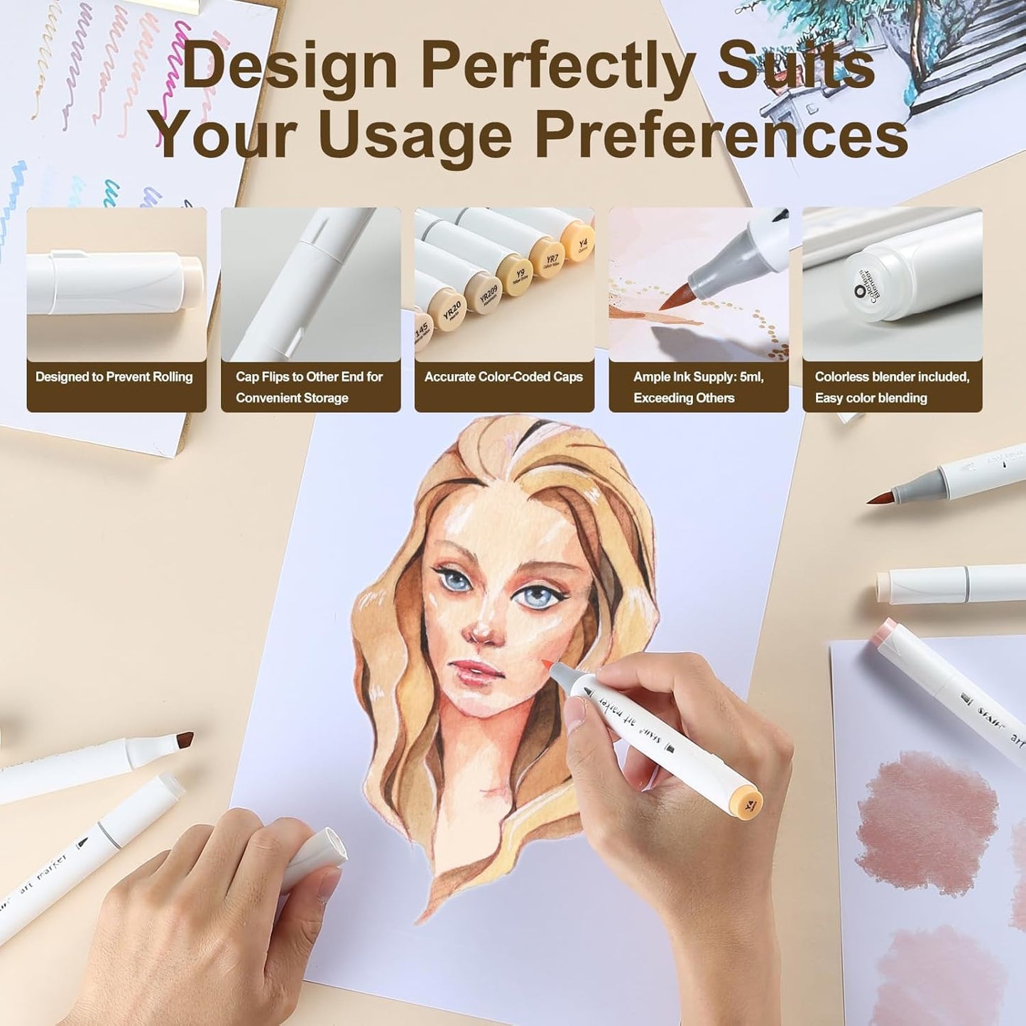 SFAIH Skin Tone Alcohol Markers Brush Tip - 12 Dark Skin Colors Double Tipped Art Markers for Artist Adult Coloring Illustration, Gifts for Artist Adult, Dual Tip Brush & Fine - Refillable Ink