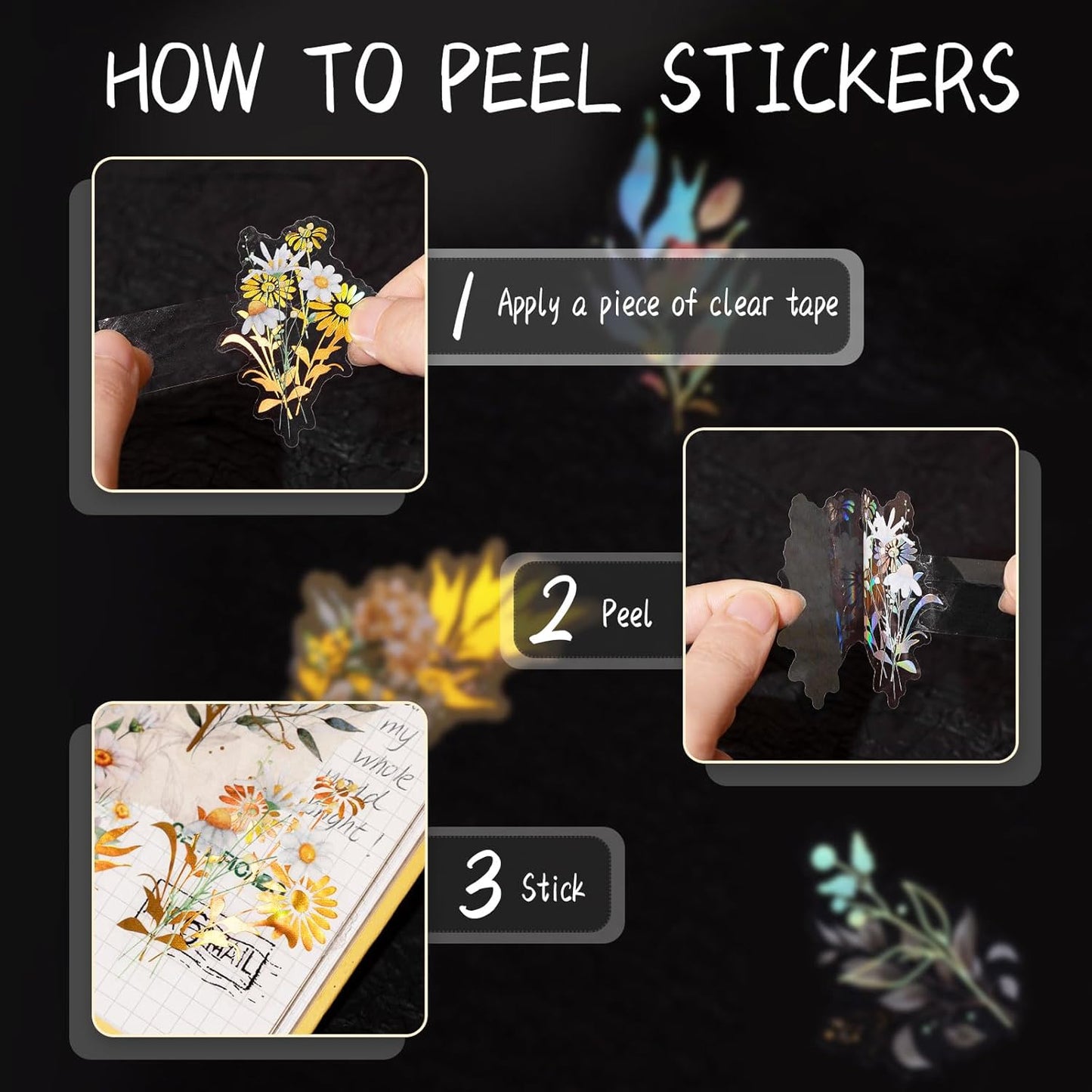 Dizdkizd Holographic Flower and Leaf Sticker Set, 240 Foil Gold Botanical Scrapbook Sticker Small Transparent Floral Decals for Journal, Planner, Photo Album, Card