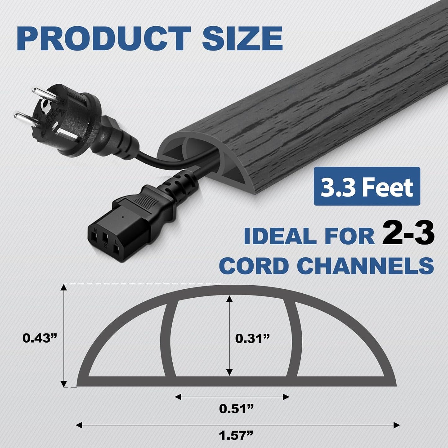 Floor Cord Cover for Wires on Floor Self Adhesive Cord Hider Floor Cable Management Wire Covers for Cords Protector Prevent Cable Trips Cord Cavity W 0.51" x H 0.31", Deep Gray Wood, 3.3Ft