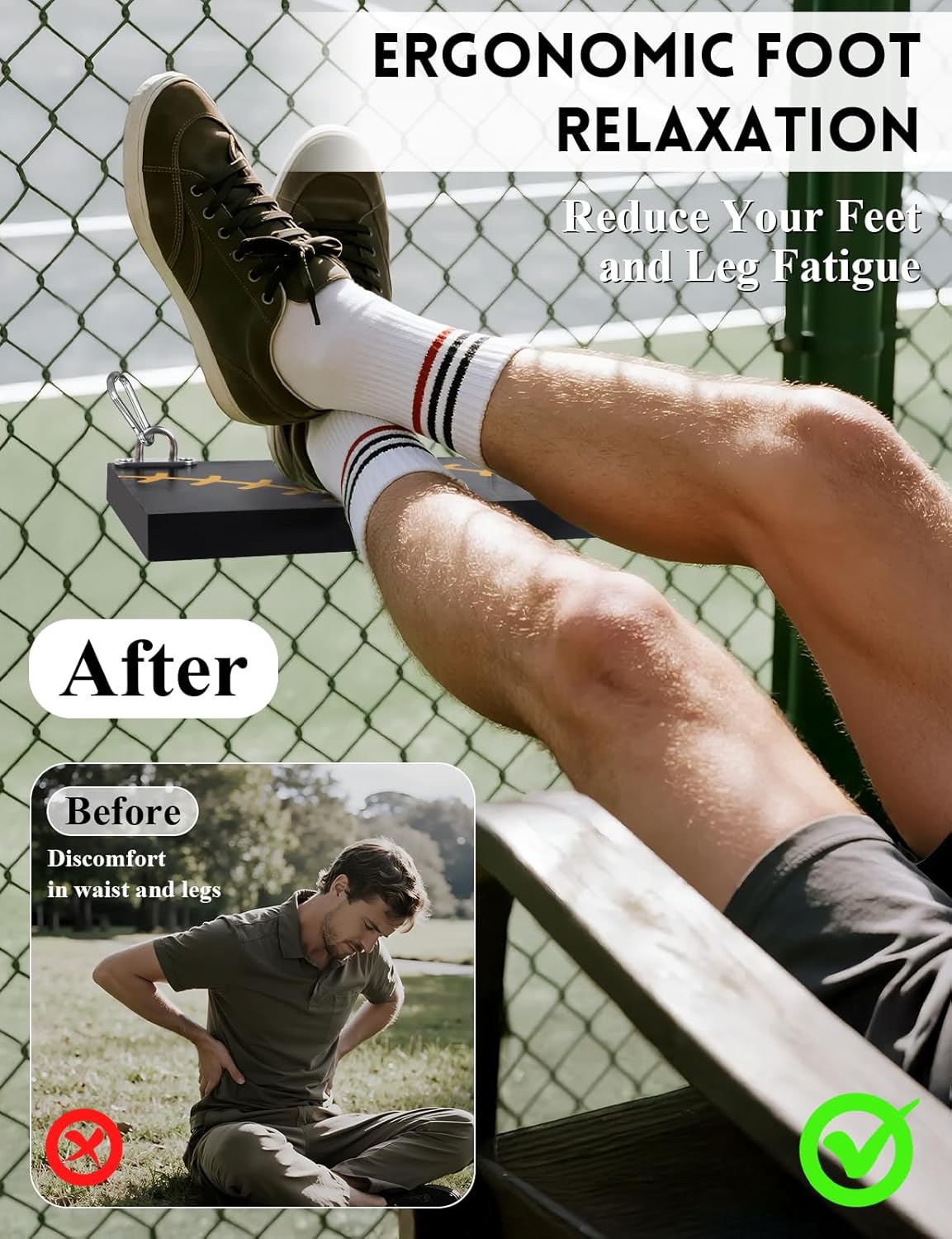 2PCS Portable Hanging Wood Footrest with Baseball Designed - Wooden Foot Rest Board for Fences, Ergonomic Footrest for Fans, Athletes, Wood Foot Tray for Baseball and Softball Games and Events