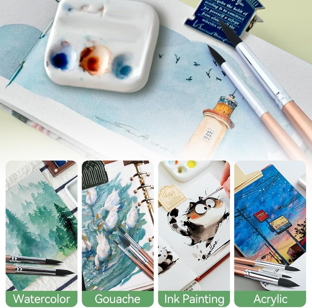 Transon 8pcs Round Watercolor Paint Brush Set Goat Hair for Watercolors,Acrylics,Inks,Gouache,Oil and Tempera