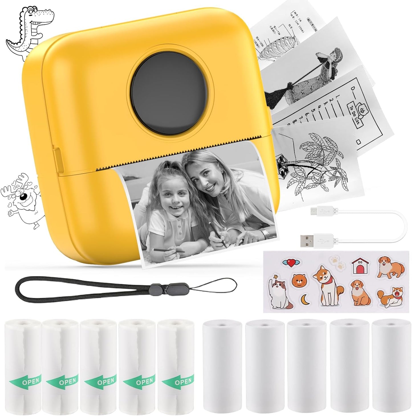 HuiJuKeJi Mini Sticker Printer Bluetooth Smart Pocket Inkless Thermal Printer with 11 Rolls Thermal Paper and Sticker for iOS&Android, Portable Receipt Printer for Photo Note Memo (Yellow)