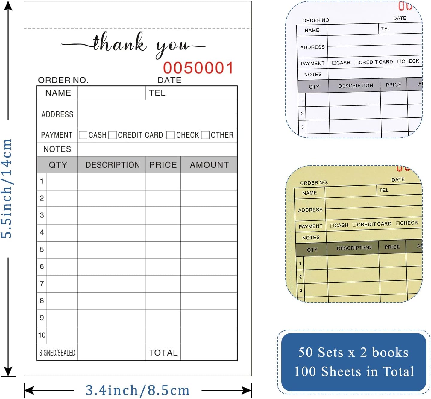 Thank You Receipt Book, 3.4x5.5" Handheld 2-Part Carbonless Sales Invoice Book, Invoice Pad with Cardboard for Small Boutique Business, (50 Sets * 2 Pack)