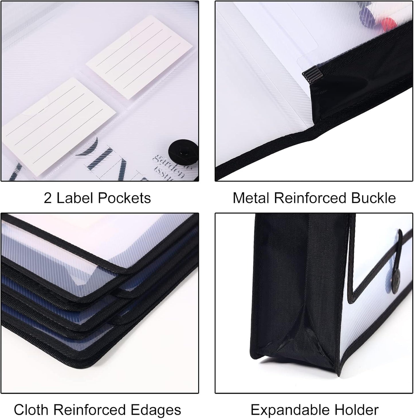 Eco-Friendly Plastic File Folders, Poly Expanding File Wallet, Expandable Envelope Organizer Document Folder with Elastic Band and Button Closure, with Small Two Pockets, 5 Pack- Black