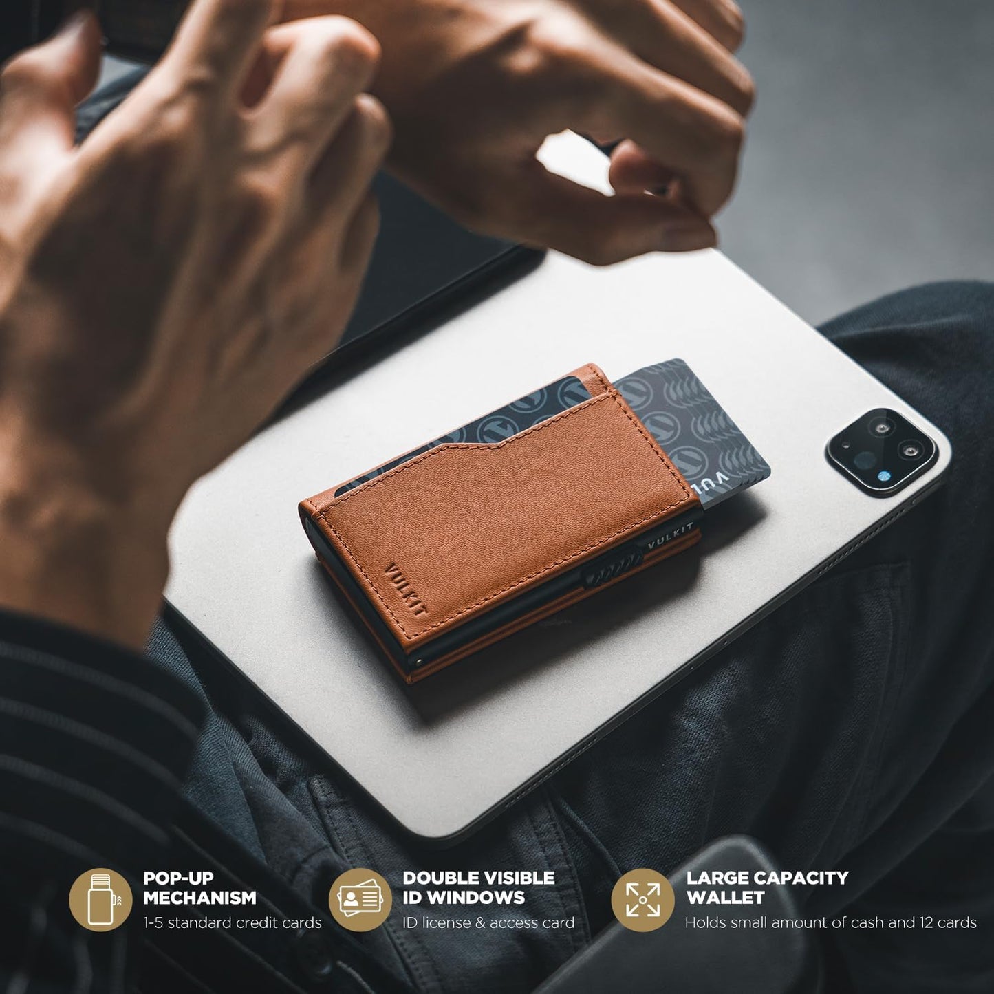 VULKIT Card Holder Wallet with Double ID Windows RFID Blocking Pop Up Wallet Minimalist Design for 12 Cards