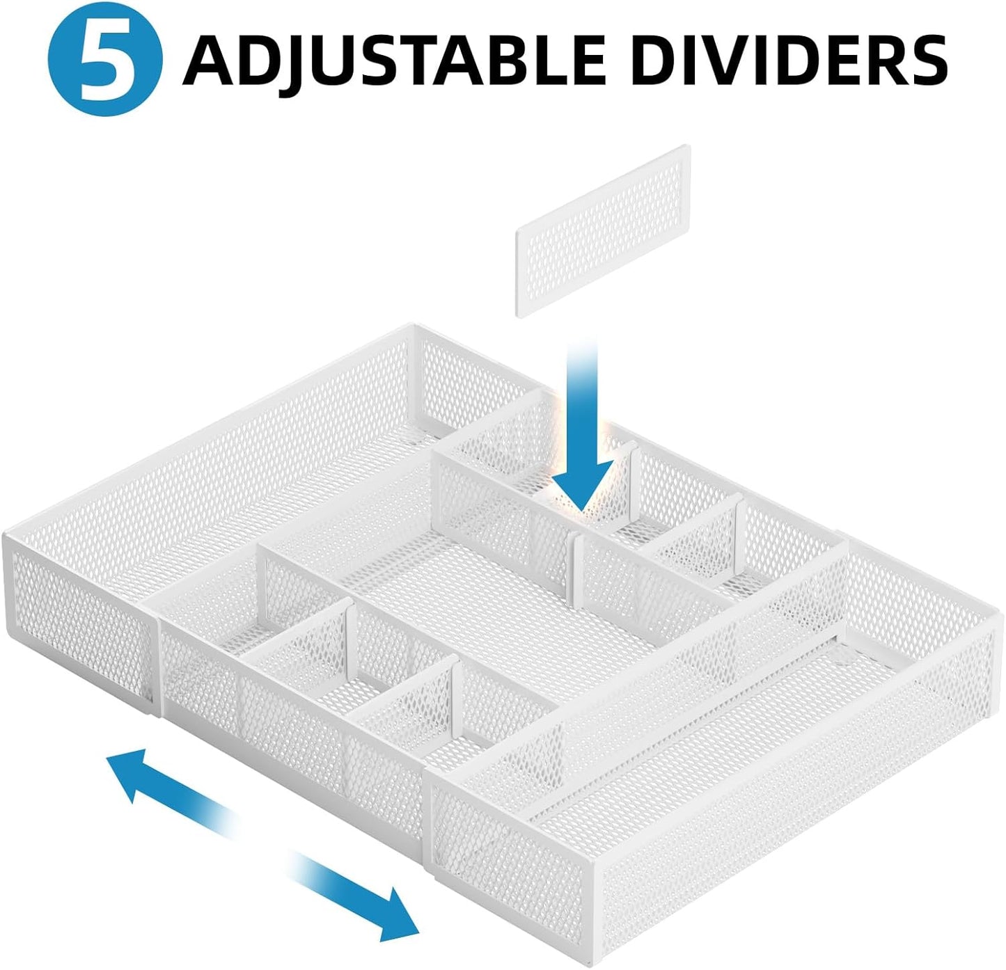Marbrasse Expandable Desk Drawer Organizer, Mesh Drawer Organizer Tray with 10 Adjustable Compartments, Desk Organizers and Accessories, 5 Dividers Drawer for Office Supplies, Makeup & Vanity (White)
