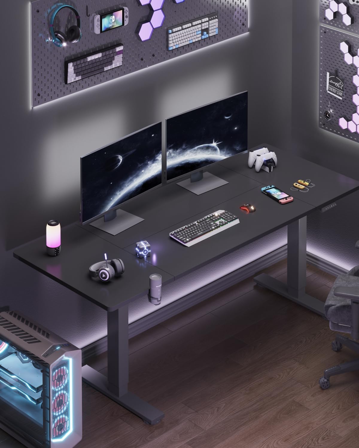 FLEXISPOT 71 x 32 Inch Large Standing Desk, Stand Up Desk with Splice Board, Rising Desks for Home Office, Office Desk with Cup Holder and Headphone Hook (Black Frame + Black Top, 2 Packages)