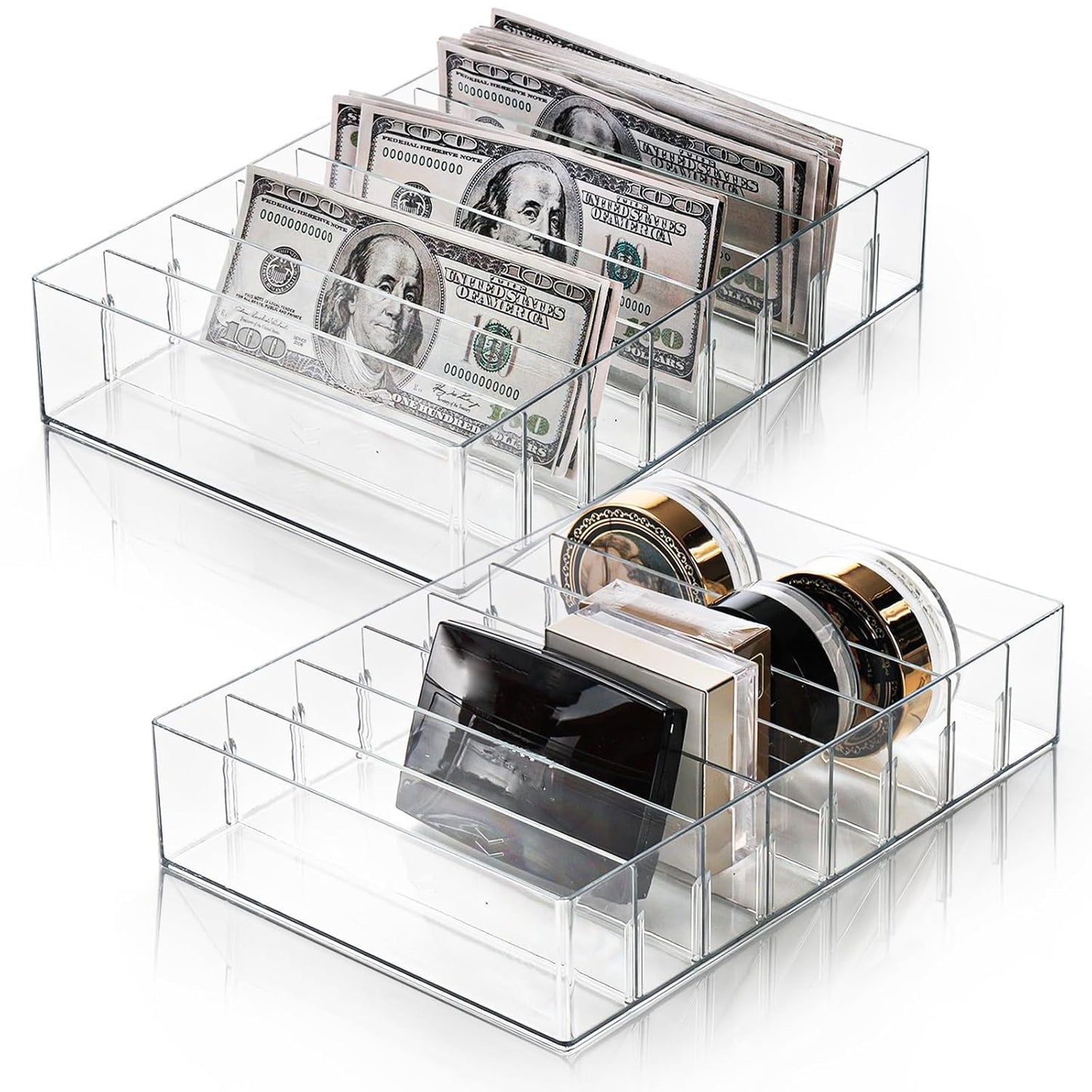 2 Pack Eyeshadow Palette Makeup Organizer, 8 Section Plastic Cash Organizer with Removable Devider, Clear Money Bill Budget Tray Cosmetic Display Holder for Mail, Envelop, Sunglasses, Cosmetic