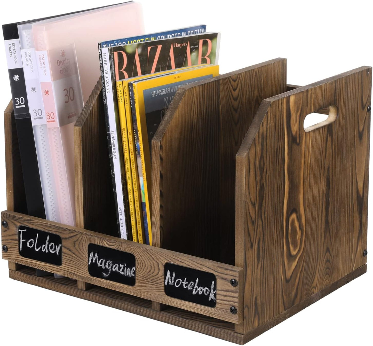 MyGift Office Desktop Document File Folder Rustic Burnt Brown Wood Binder Storage Organizer Rack with 3 Compartments and Chalkboard Labels