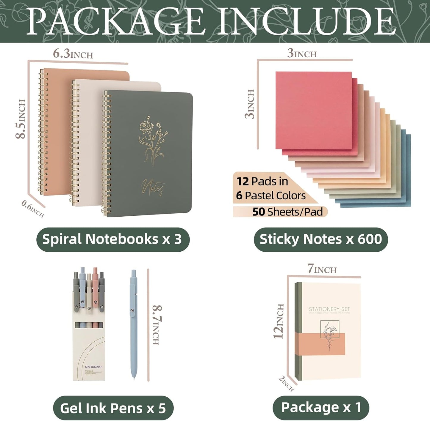 Cute Spiral Notebook Set For Women, Bible Journal Set, 3 Pack A5 Spiral Notebook + 5 PCS Gel Pens + 600 Sticky Notes + Gift Box, Aesthetic Gift Set for Work Students School Office Supplies