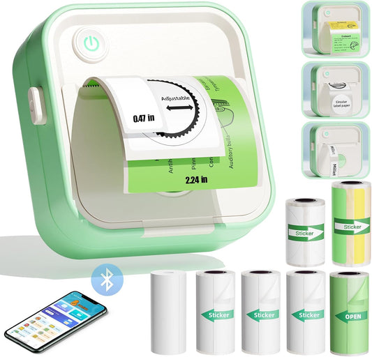 Label Maker Machine, HD Mini Sticker Printer with 7 Rolls Paper, Portable Thermal Print Pod Supports 12-57mm Papers,Bluetooth Pocket Printer for Home,Kitchen,School (Green)