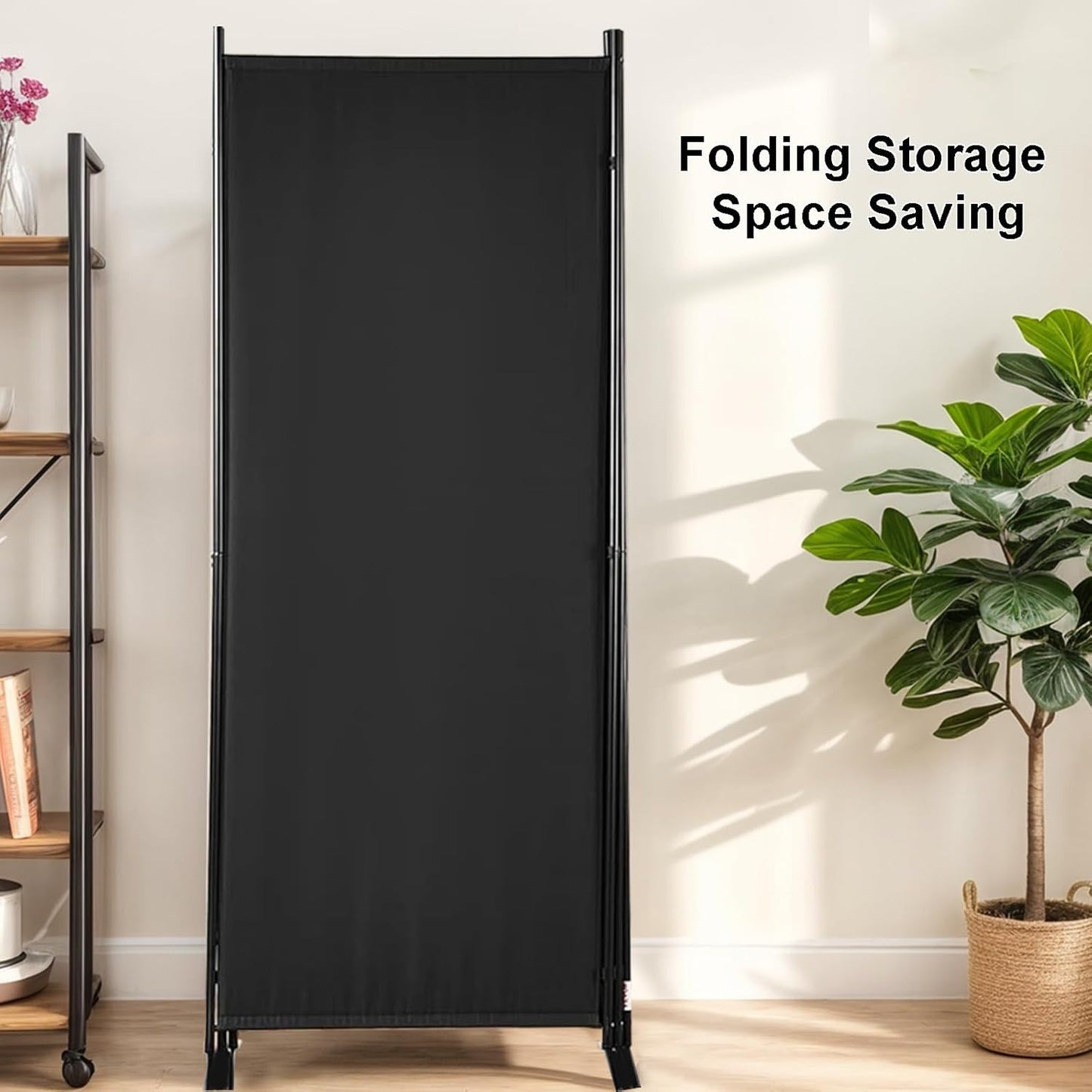 Room Divider 6-Panel Privacy Screen, Portable Screen Steel Frame with Hook&Loop for Home, Office, Classroom, Studio, Meeting (Black)