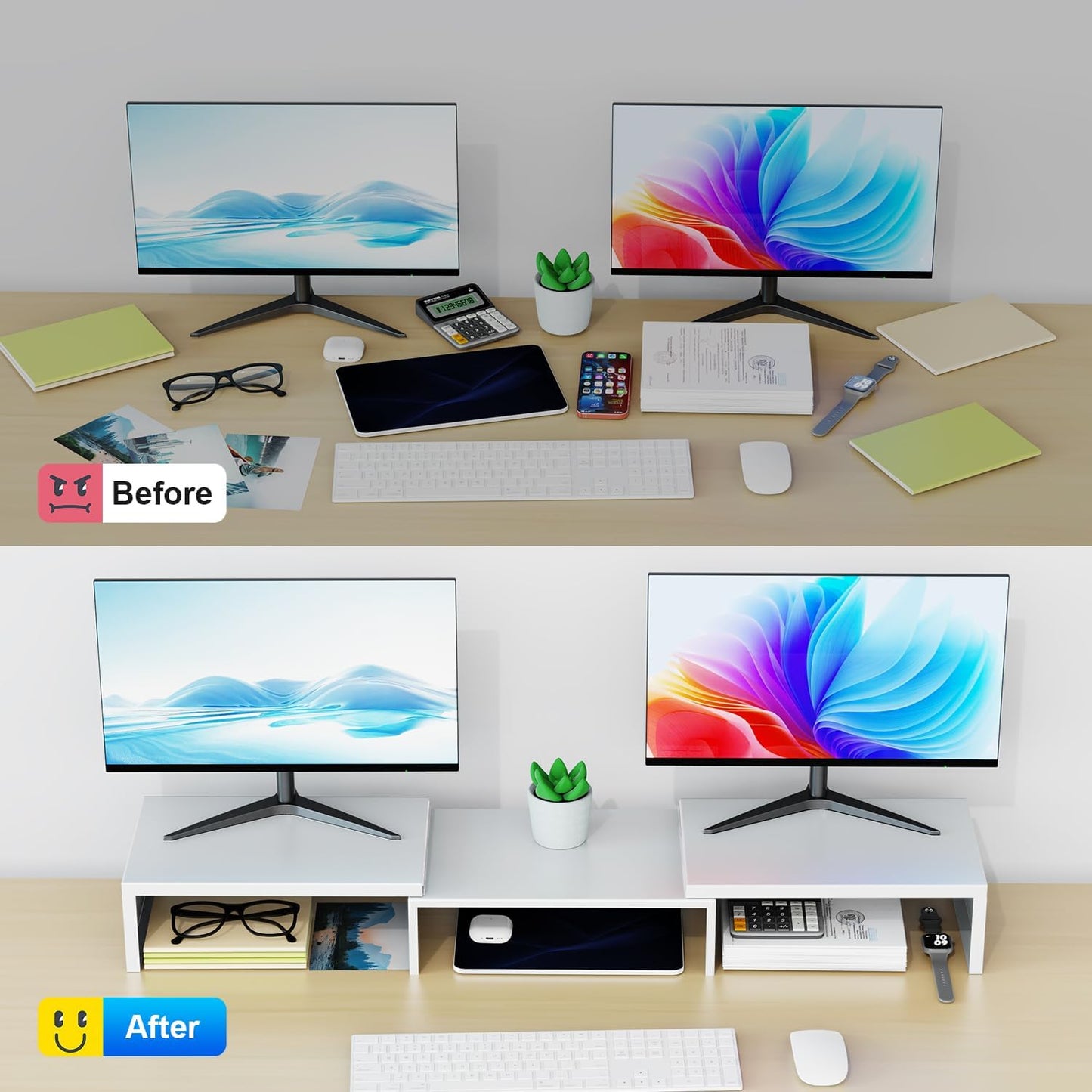 Dual Monitor Stand for Desk, Metal Computer Stand, Desk Shelf Riser,Desktop Organizer for Home and Office Use (White)