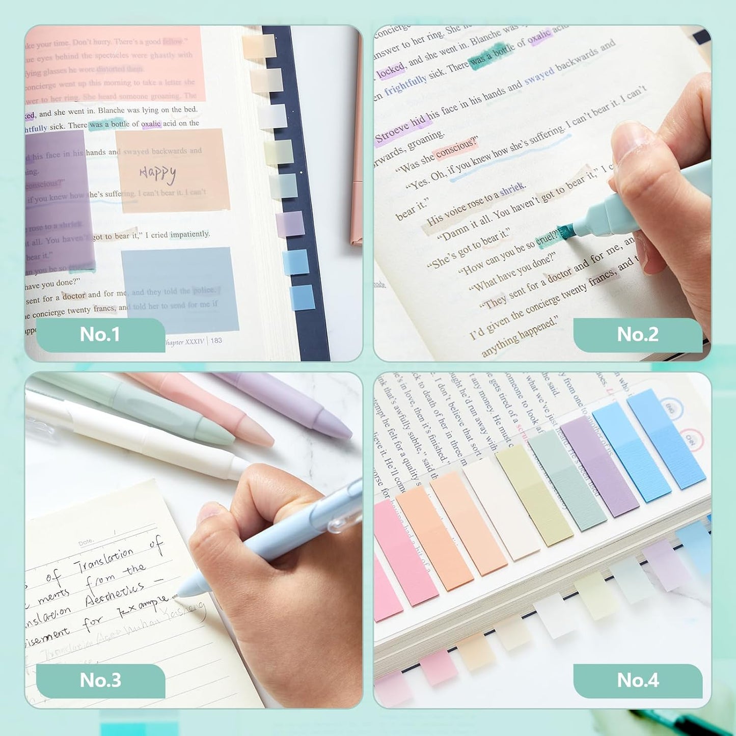 Jutom 38 Pcs Book Annotation Kit Aesthetic Highlighters Gel Pens Set Sticky Notes Tabs Markers Dual Ended Highlighter Quick Dry Ink Pens for Office Annotating Books(Light Color,Square)