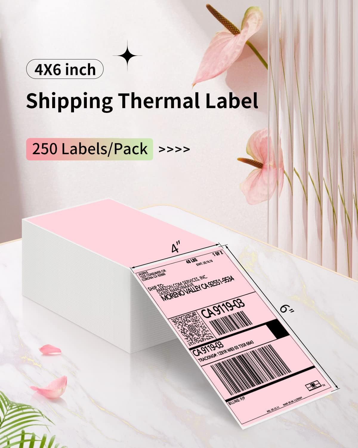 Thermal Shipping Labels 4x6-250 Labels Fan-Fold, Mailing Postage Paper for Thermal Printers, Strong Adhesive, Jam-Free, Compatible with JADENS, Rollo, Munbyn, for Office & Home, Pink