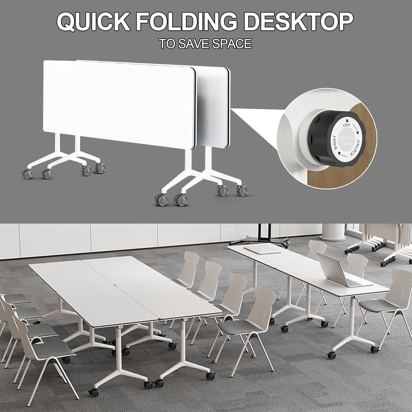 Folding Conference Room Tables 6 Pack, Foldable Modern Mobile Meeting Table Desk Training Table 6FT Large Rolling OfficeTable for Conference Training Classroom (4, 47.2" * 23.6" * 29.5")