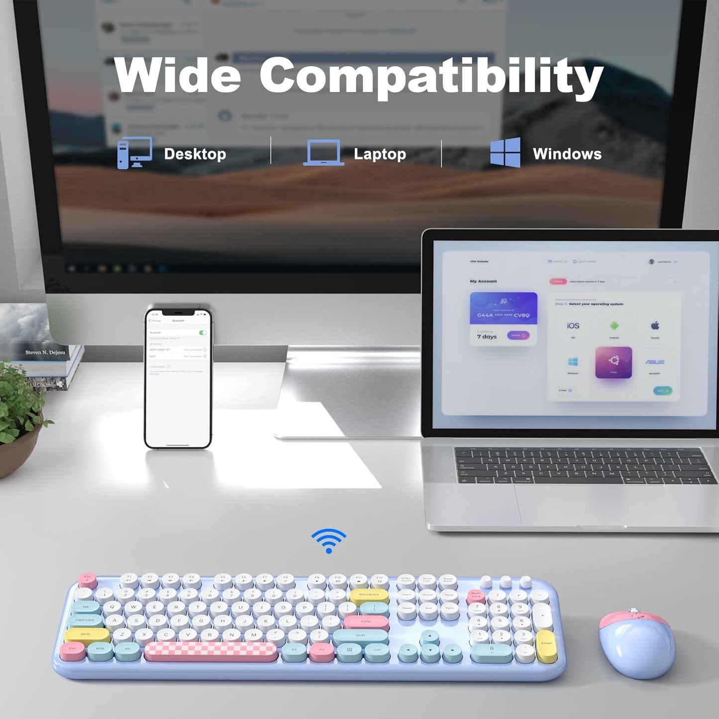 MOFII Wireless Keyboard and Mouse Combo - 2.4GHz Full-Size Retro Typewriter Keyboard with Round Keys, 3 Level Adjustable Optical Mouse, Plug & Play - Compatible with PC/Laptop/Desktop - Light Blue Mix