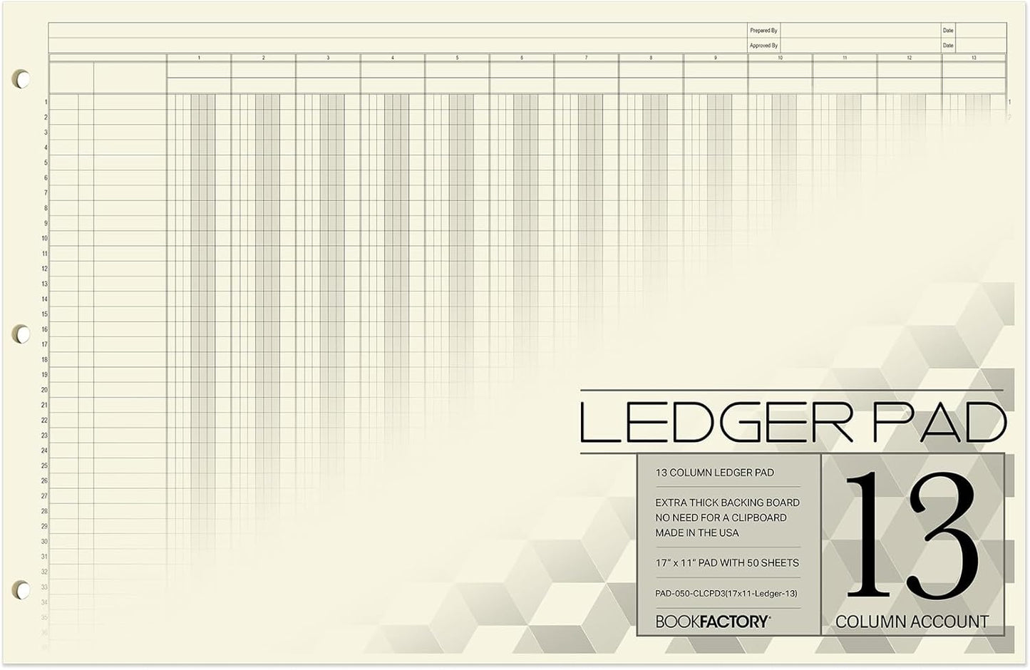 BookFactory Ledger Pad Large 13 Column Accounting Ledger Columnar (Thirteen Columns) Pads - 17'' x 11'', 50 Pages, Notepad Landscape Format (PAD-050-CLCPD3(17x11-Ledger-13)-AX)