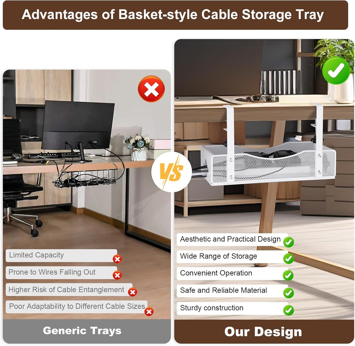 Extra Wide 7inch Under Desk Cable Management - No Drill Installation Cable Management Tray, Modern Cord Organizer for Office/Home Desk