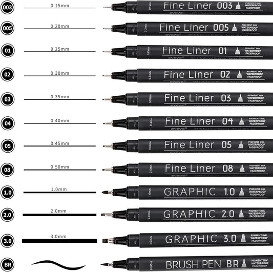 EYEYE Micro Fineliner Pens, Black Drawing Art Pens,12 Archival Pen Waterproof Ink Set Artist Supplies Archival Inking Markers Sketch Outline Pen, Precision Drawing and Sketching Kit