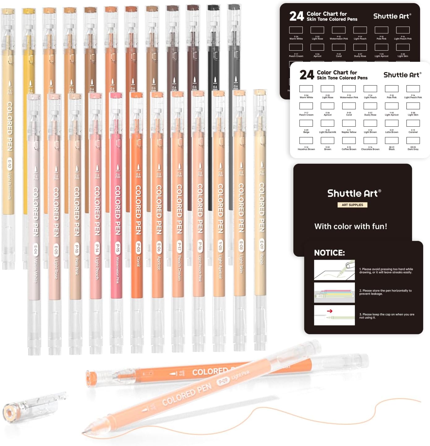 Shuttle Art Colored Pens, 24 Skin Tone Colors Cute Journal Pens 0.6mm Fine Point Colored Gel Pens for Black Paper Adult Coloring Writing Drawing Journaling Note Taking School Office Home
