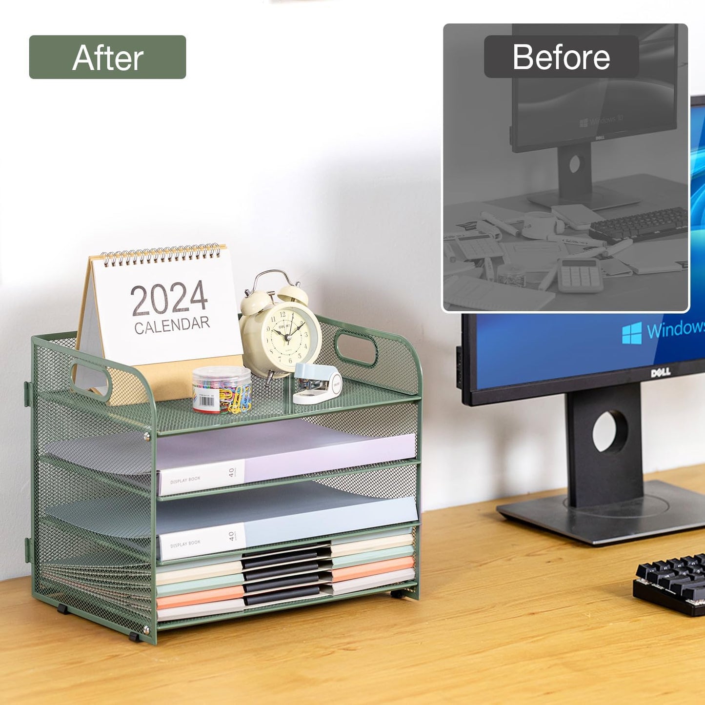 Green Mesh Letter Tray Paper Organizer with Handle - 4-Tier Desk Organizer for Office Supplies