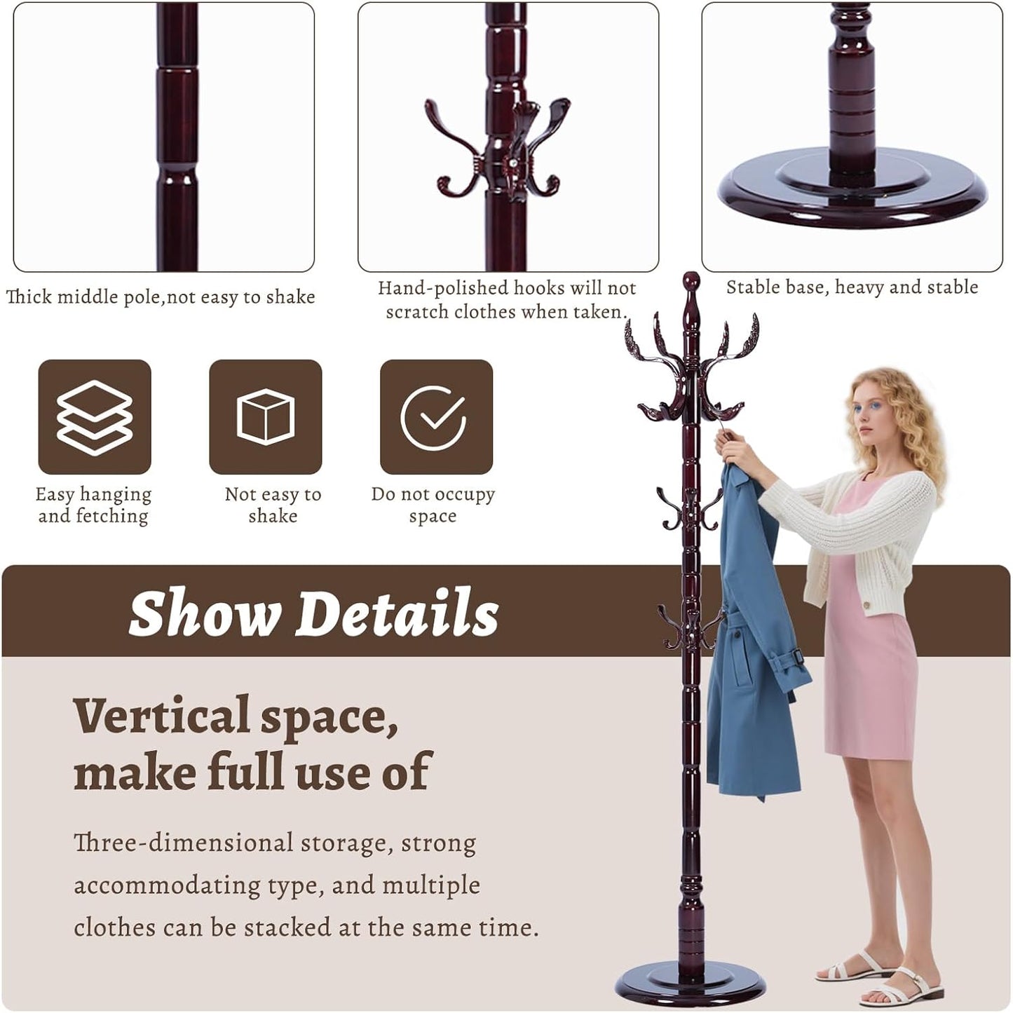 Wooden Coat Rack Freestanding with Resin Hooks, Adjustable Heavy Duty Stand for Hanging Coats, Bags, Hats, and Umbrellas in Living Room, Bedroom, Entryway (Rosewood-Phoenix Hook)