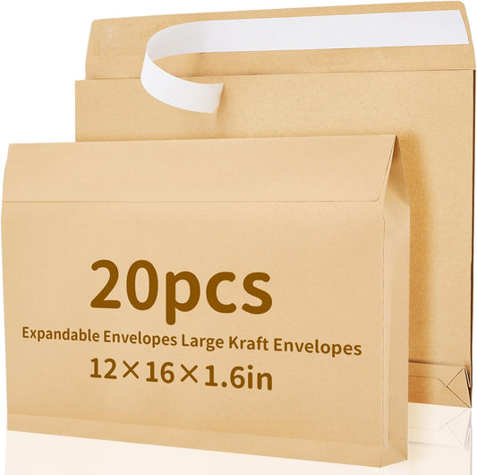 20 Pcs 12 x 16 x 1.6 Inch Large Expandable Catalog Envelopes Manilla Kraft Peel and Seal Envelopes Light Brown Large Mailing for Office Home Documents Magazines Photos Storage Organizing